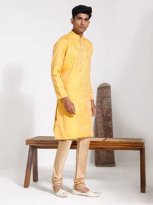  men's yellow silk blend kurta and pyjama set 2