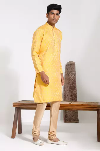 men's yellow silk blend kurta and pyjama set