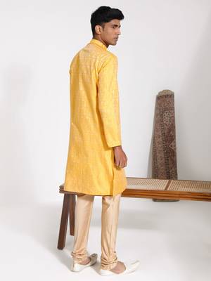  men's yellow silk blend kurta and pyjama set 3