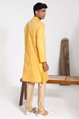  men's yellow silk blend kurta and pyjama set