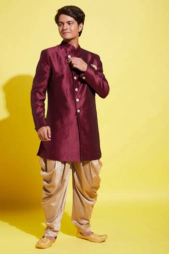 Vastramay yuva boys' maroon and rose gold indowestern set