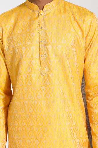  men's yellow silk blend kurta and pyjama set