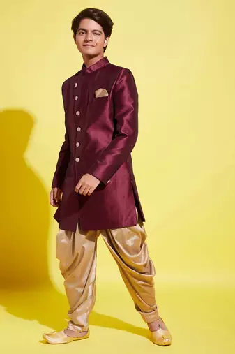 maroon and rose gold indowestern set