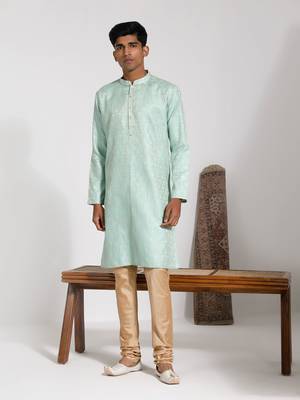  men's green silk blend kurta and pyjama set 1