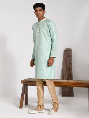 men's green silk blend kurta and pyjama set 2