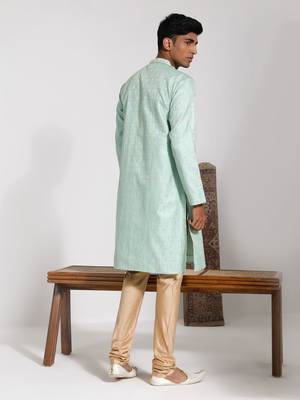  men's green silk blend kurta and pyjama set 3