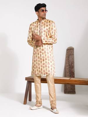  men's yellow silk blend kurta and pyjama set 1