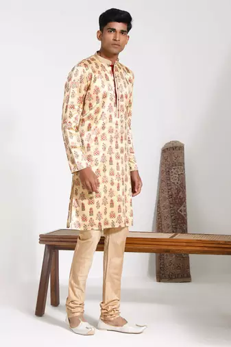  men's yellow silk blend kurta and pyjama set