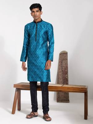  men's turquoise and black silk blend kurta pyjama set 1