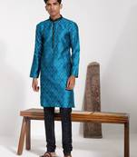  men's turquoise and black silk blend kurta pyjama set