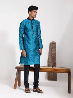  men's turquoise and black silk blend kurta pyjama set 2