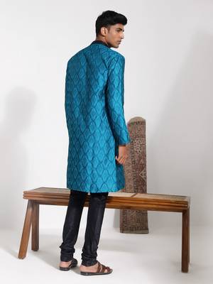  men's turquoise and black silk blend kurta pyjama set 3