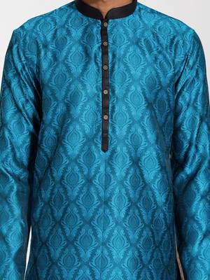  men's turquoise and black silk blend kurta pyjama set 4