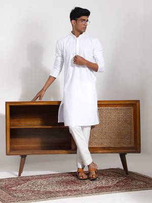  men's white cotton silk kurta pyjama set 1