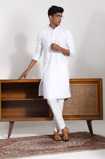  men's white cotton silk kurta pyjama set