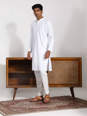  men's white cotton silk kurta pyjama set 2