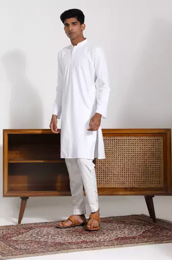  men's white cotton silk kurta pyjama set