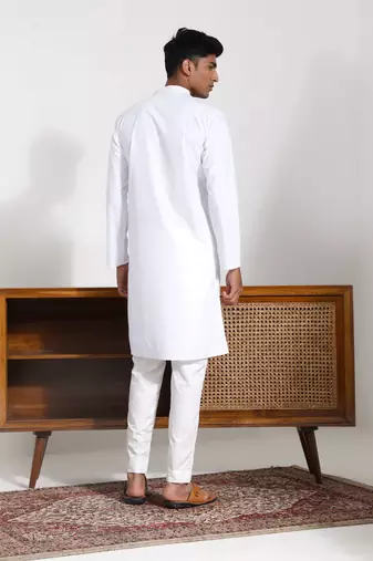  men's white cotton silk kurta pyjama set