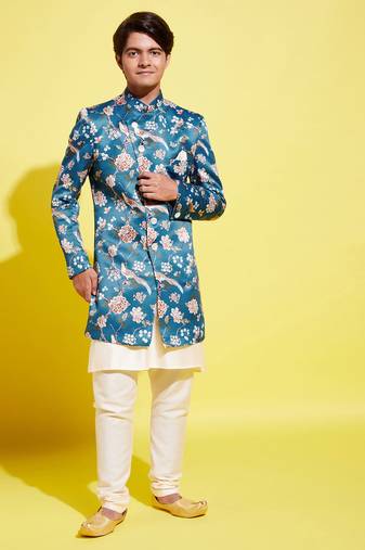Vastramay yuva boys' multicolored-base-turquoise indowestern set