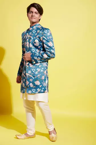 multicolored-base-turquoise indowestern set