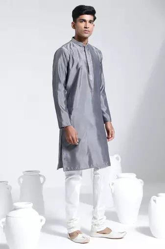  gray and cream silk blend kurta pyjama set