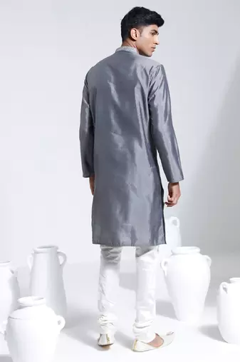  gray and cream silk blend kurta pyjama set