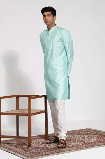  mint green and cream silk blend kurta pyjama set