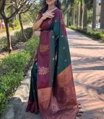 Women soft silk weaving jari designer green color saree