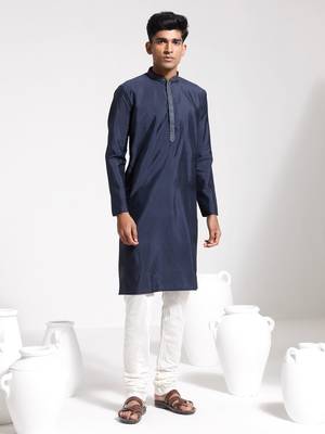  navy blue and cream silk blend kurta pyjama set 1