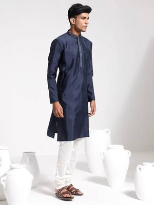  navy blue and cream silk blend kurta pyjama set 2