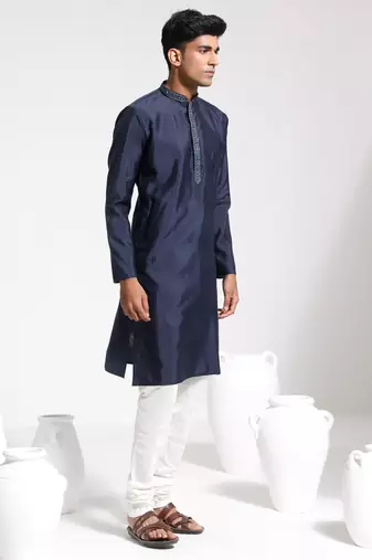  navy blue and cream silk blend kurta pyjama set