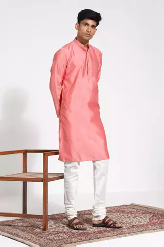  pink and cream silk blend kurta pyjama set