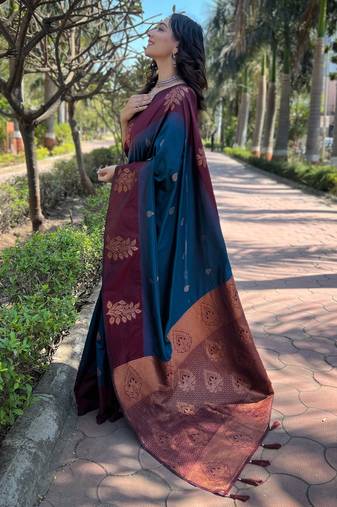 Women soft silk weaving jari designer blue color saree