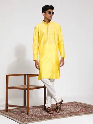  yellow and cream silk blend kurta pyjama set 1