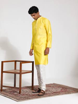 yellow and cream silk blend kurta pyjama set 2