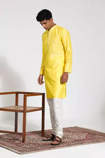  yellow and cream silk blend kurta pyjama set