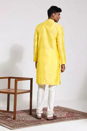  yellow and cream silk blend kurta pyjama set