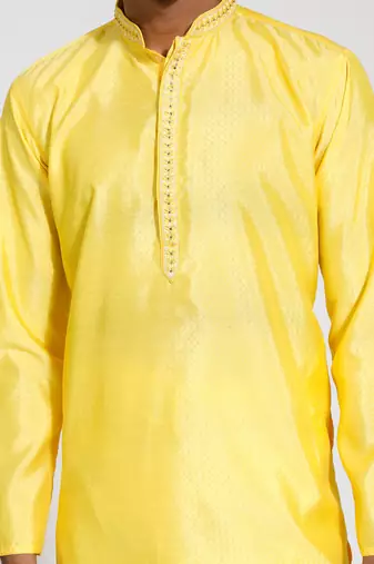  yellow and cream silk blend kurta pyjama set