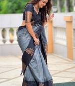 Women soft silk weaving jari designer grey color saree
