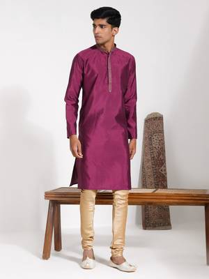  men's purple and cream silk blend kurta pyjama set 1