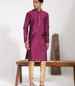  men's purple and cream silk blend kurta pyjama set