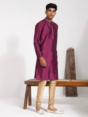 men's purple and cream silk blend kurta pyjama set 2