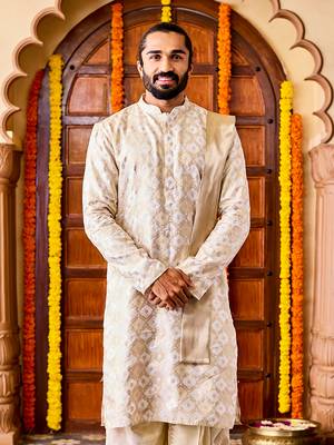  cream tissue benarasi jacquard kurta 1
