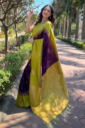 Women soft silk weaving jari designer wine color saree
