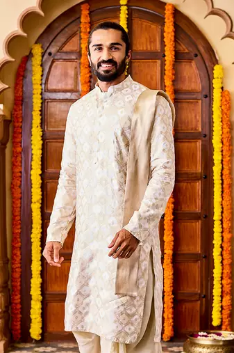  cream tissue benarasi jacquard kurta