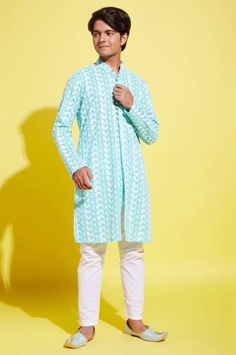  yuva boys' green and white kurta pyjama set