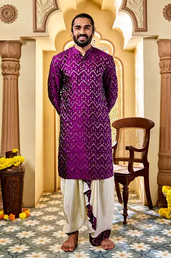  purple silk blend kurta and dhoti set