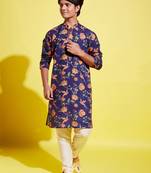 yuva boys' multicolor-base-navy blue and cream kurta pyjama set