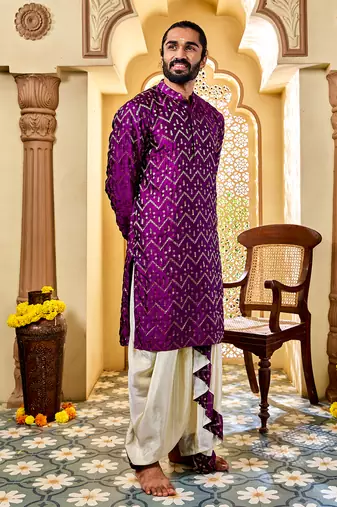  purple silk blend kurta and dhoti set