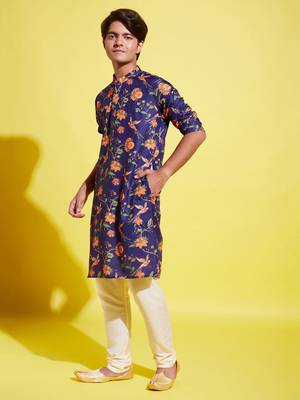  multicolor-base-navy blue and cream kurta pyjama set 2